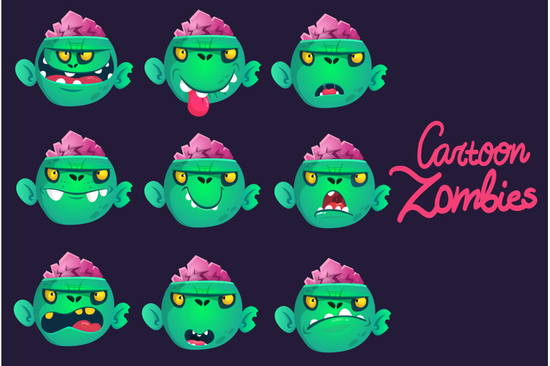 cute-halloween-cartoon-zombie-faces-expressions-vector-set-isolated