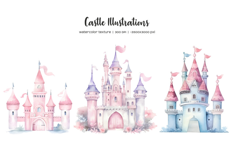 watercolor-fairytale-castle-clipart-princess-pink-and-purple-castles