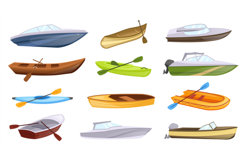 cartoon-boat-types-marine-boats-with-paddles-color-canoes-and-powerb