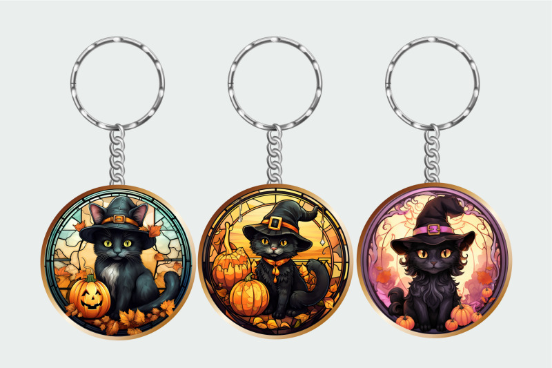 stained-glass-black-cat-halloween-keychain-sublimation