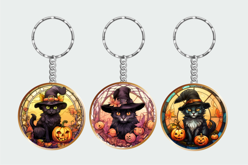 stained-glass-black-cat-halloween-keychain-sublimation