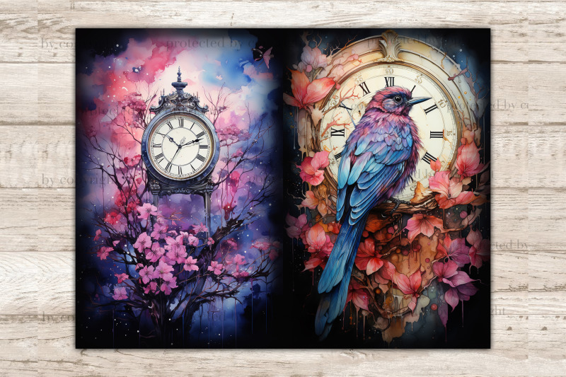 vintage-clocks-junk-journal-page-birds-digital-art