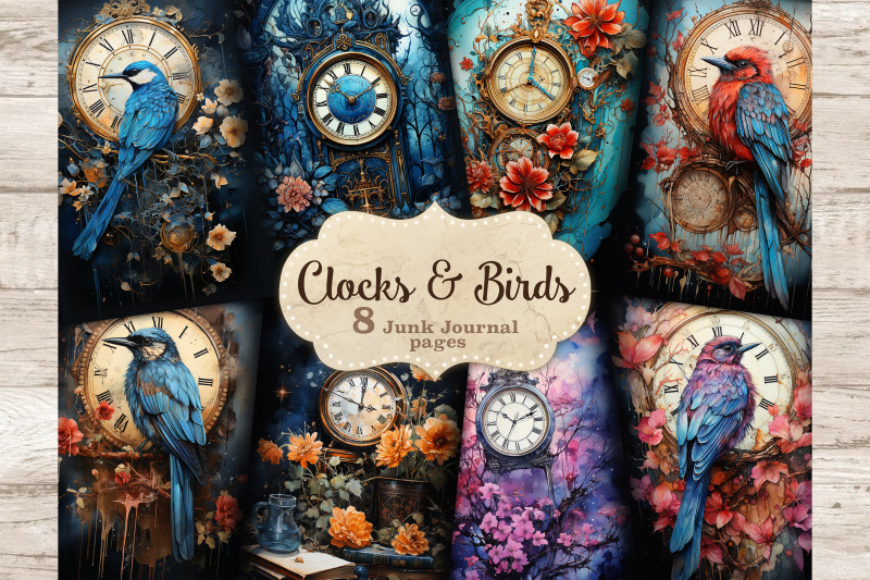 vintage-clocks-junk-journal-page-birds-digital-art