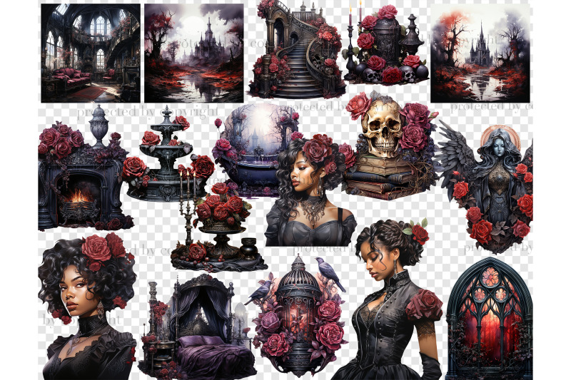 gothic-black-woman-clipart-halloween-illustration-bundle