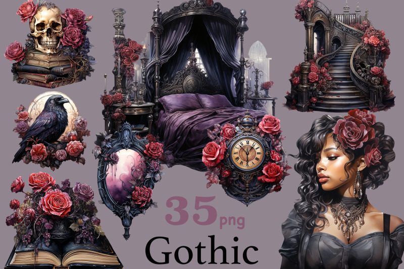 gothic-black-woman-clipart-halloween-illustration-bundle