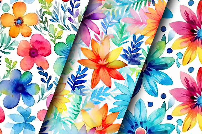 rainbow-watercolor-flowers-digital-papers-seamless-patterns