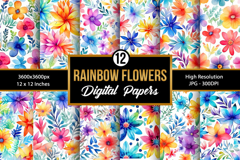 rainbow-watercolor-flowers-digital-papers-seamless-patterns