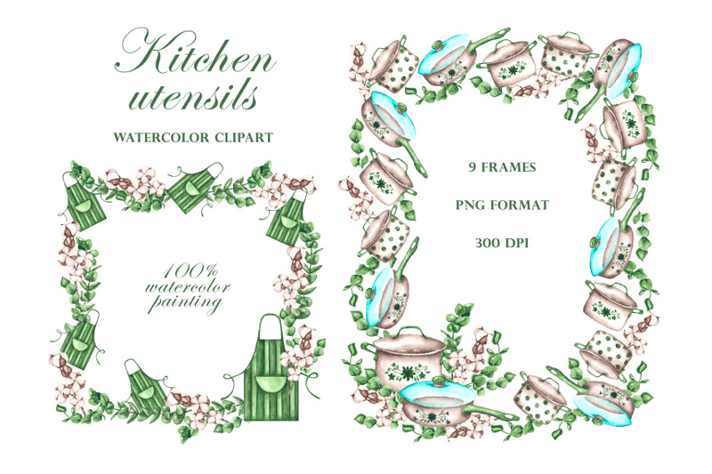 kitchen-utensils-watercolor-frames-wreaths-borders-kitchenware-logo