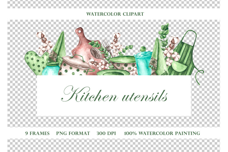 kitchen-utensils-watercolor-frames-wreaths-borders-kitchenware-logo