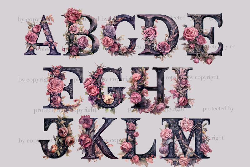 gothic-flowers-alphabet-watercolor-floral-clip-art-bundle