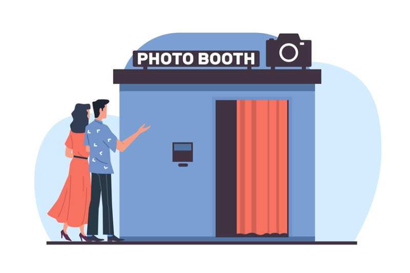 man-offers-woman-to-take-cards-together-in-photo-booth-happy-romantic