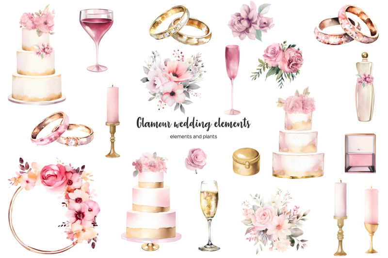 watercolor-glamour-wedding-clipart-pink-and-gold-gorgeous-wedding