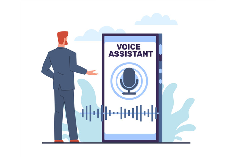 voice-assistant-concept-man-standing-by-his-smartphone-microphone-an