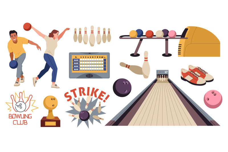 cartoon-bowling-isolated-elements-players-characters-happy-couple-ro