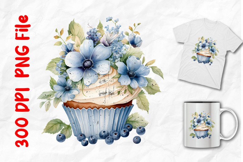 retro-blue-cupcake-blue-flowers