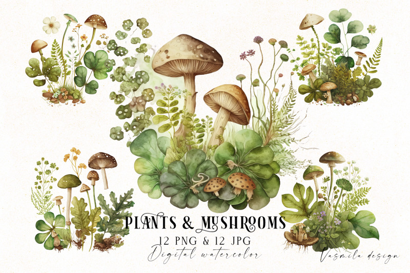 watercolor-plants-and-mushrooms