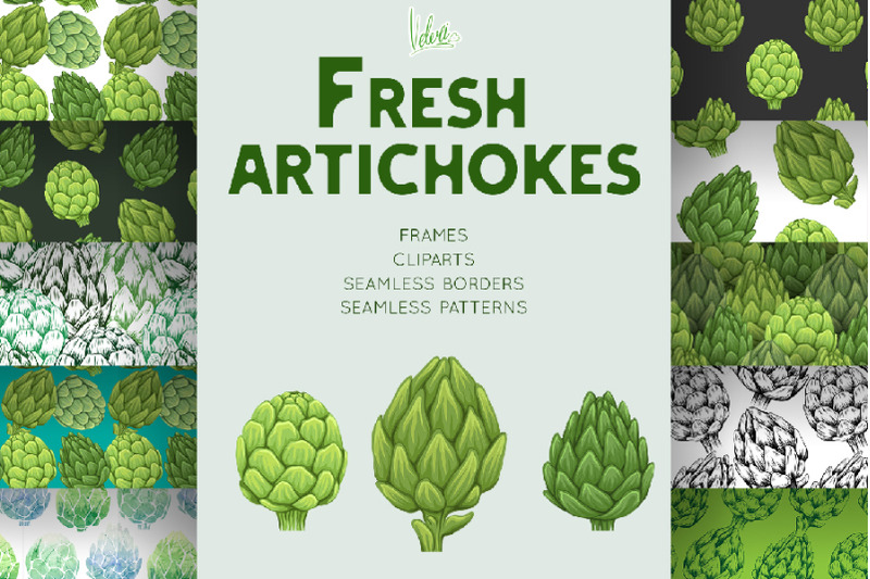 fresh-artichokes-vector-patterns-and-cliparts-set