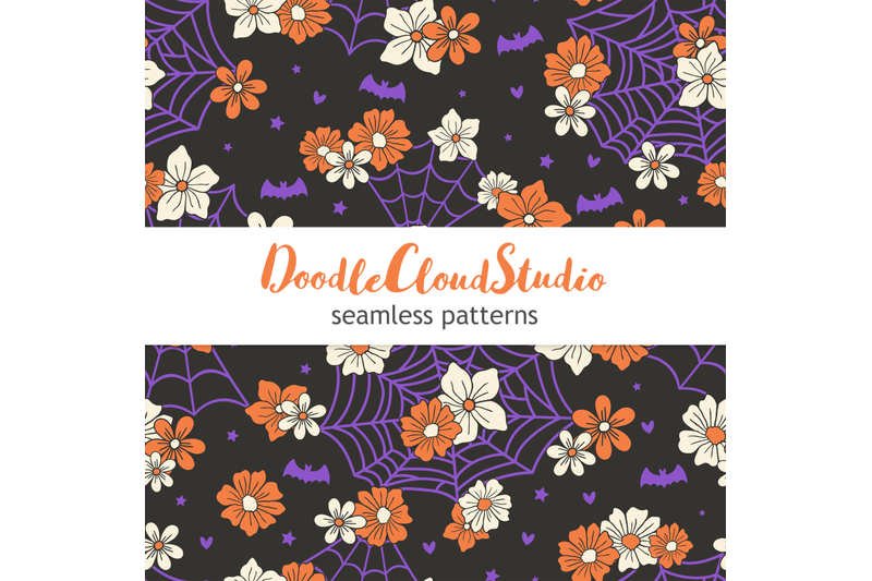 set-of-4-halloween-seamless-pattern-retro-halloween-floral-and-spider