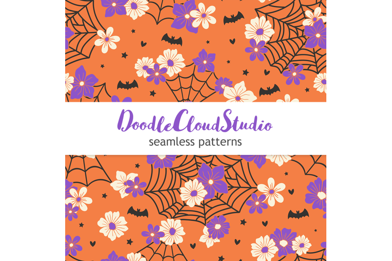 set-of-4-halloween-seamless-pattern-retro-halloween-floral-and-spider