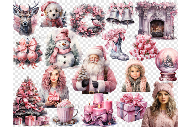 pink-christmas-clipart-set-fashion-girl-illustration-png