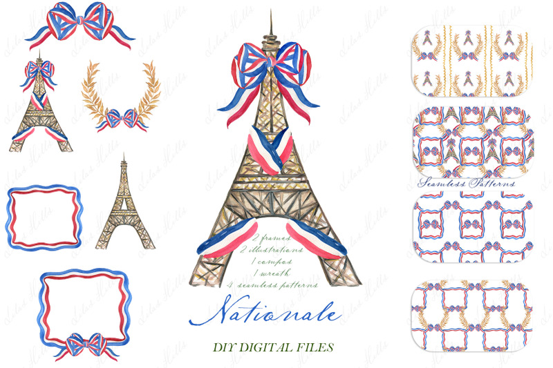 france-national-flag-paris-diy-digital-paper-frames-watercolor-clipart