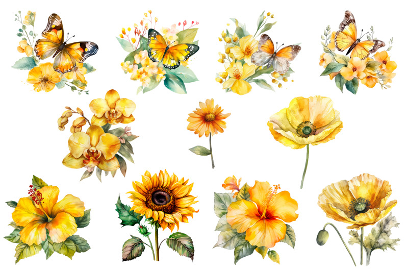 yellow-watercolor-butterflies-for-sublimation-flower-png