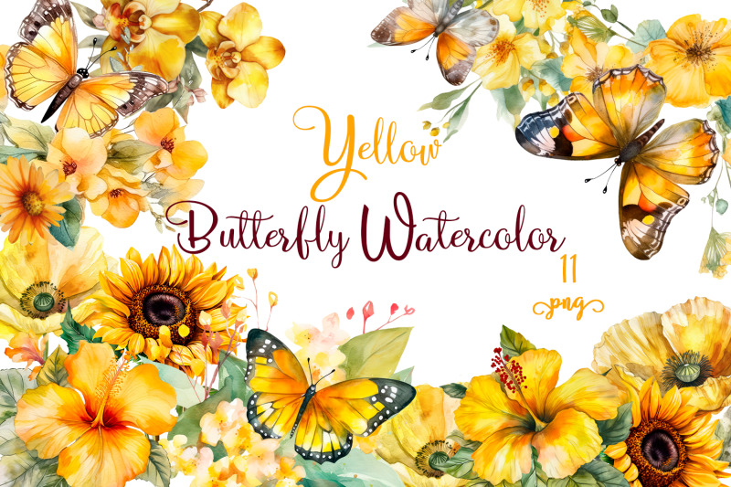 yellow-watercolor-butterflies-for-sublimation-flower-png