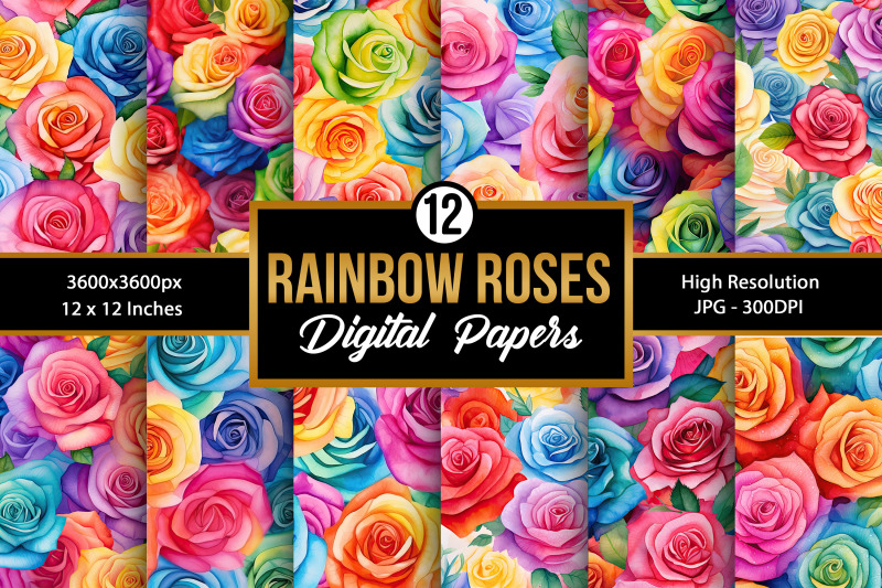 rainbow-watercolor-roses-digital-papers