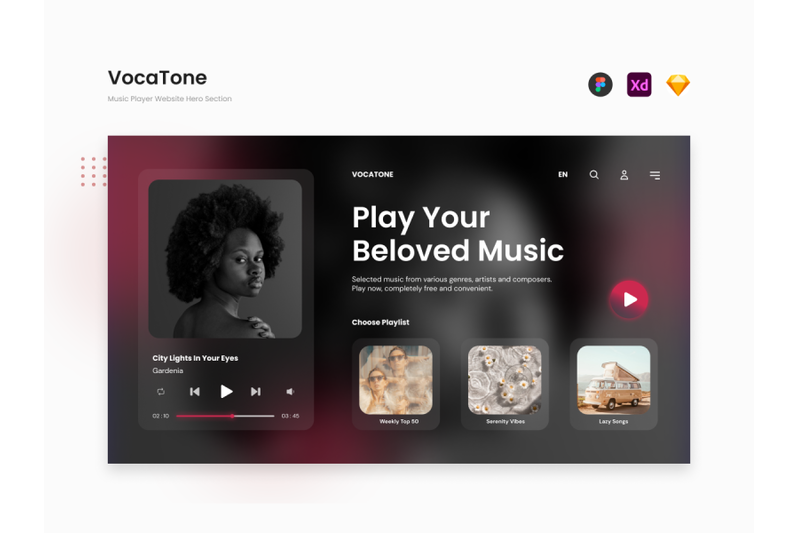 vocatone-dark-beauty-music-player-website-hero-section