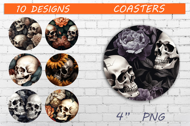 round-coaster-with-flowers-skull-png-halloween-decor