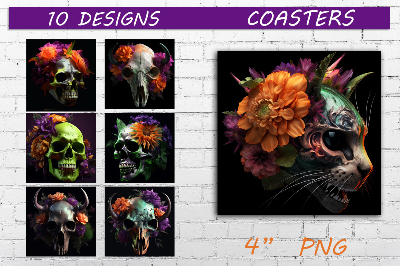 halloween-coasters-with-flowers-skull-sublimation