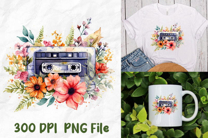 retro-cassette-wild-flowers-watercolor