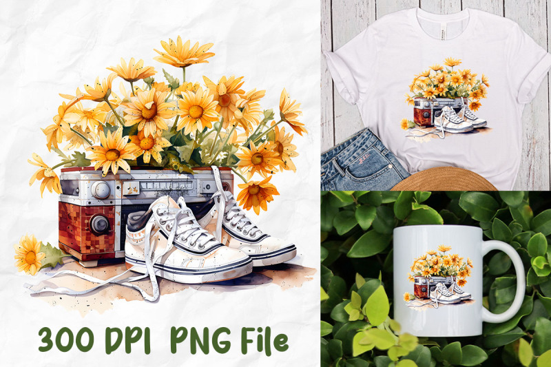 retro-boombox-sneakers-daisy-watercolor