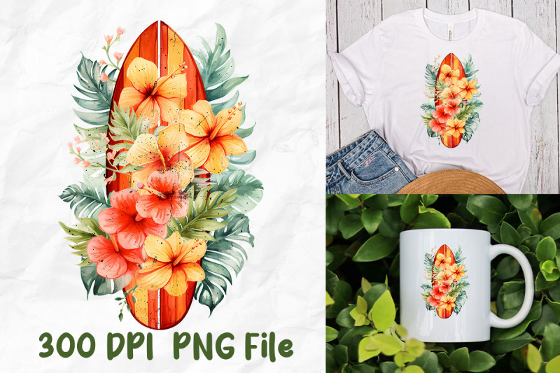 retro-surfboard-tropical-leaves-flower