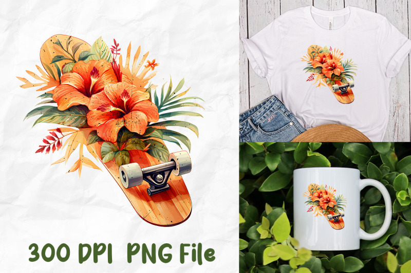 retro-skateboard-tropical-flower-leaves