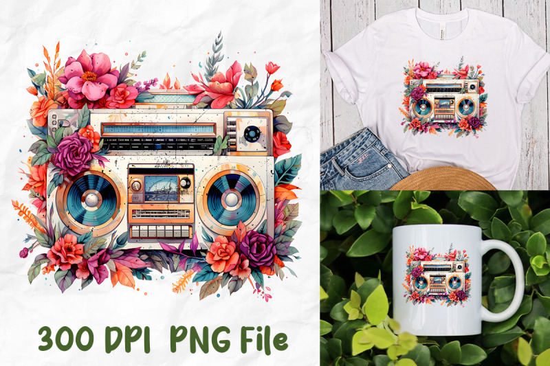 retro-music-boombox-flower-watercolor