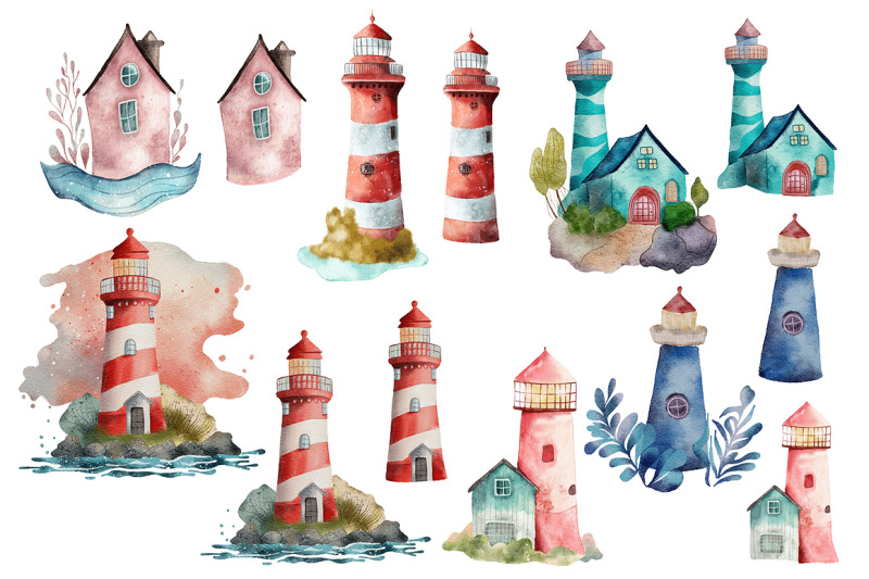 seaside-houses-and-lighthouses-watercolor-illustration