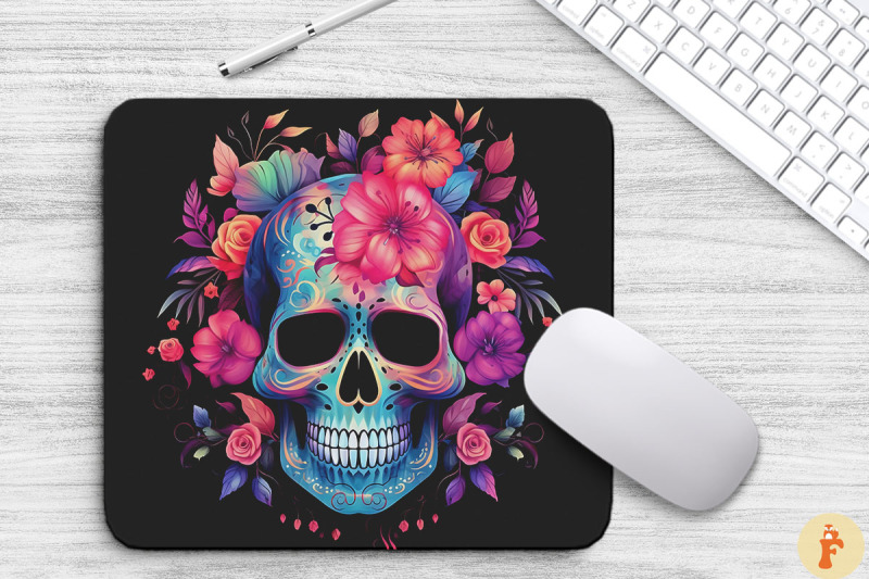 neon-floral-sugar-skull-mouse-pad