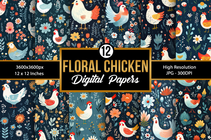 chicken-and-flowers-digital-paper-patterns