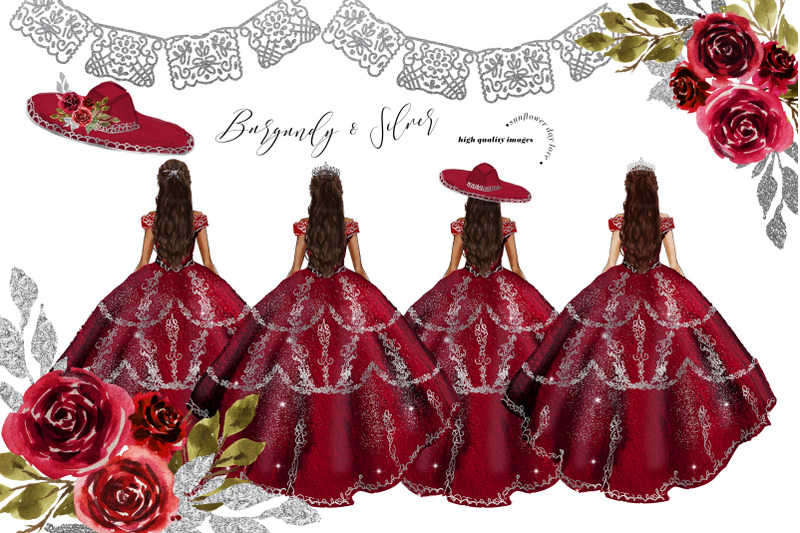 burgundy-amp-silver-princess-dress-clipart-burgundy-flowers-watercolor