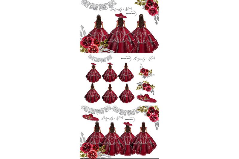 burgundy-amp-silver-princess-dress-clipart-burgundy-flowers-watercolor