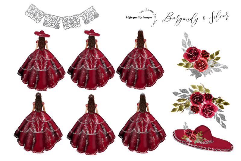 burgundy-amp-silver-princess-dress-clipart-burgundy-flowers-watercolor