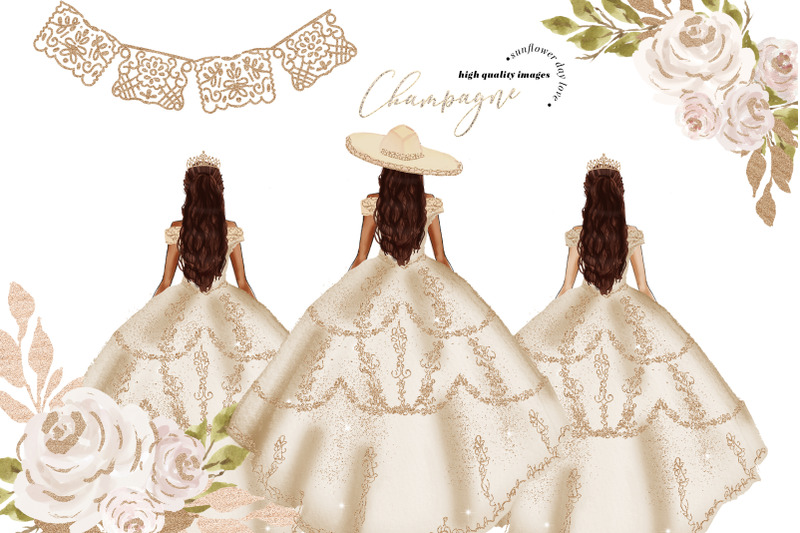 elegant-champagne-princess-dresses-champagne-flowers-clipart