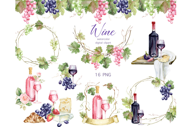 watercolor-wine-clipart-set-pink-white-wine-grapes-greenery-wreaths