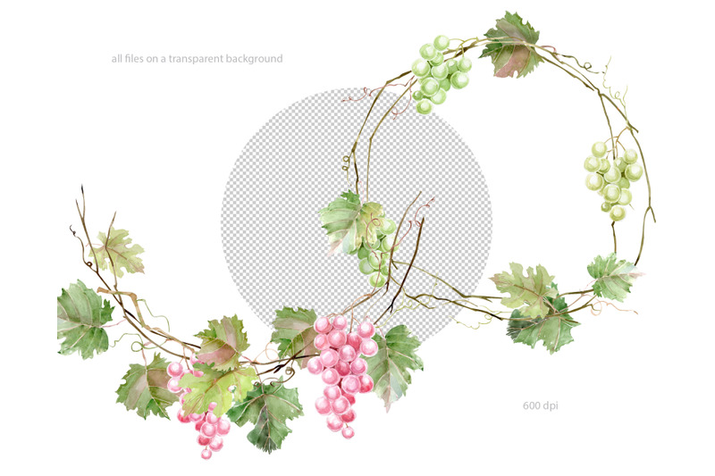 watercolor-wine-clipart-set-pink-white-wine-grapes-greenery-wreaths