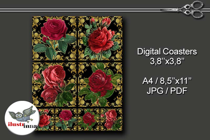 black-damask-and-roses-coasters-3-8-039-039-x3-8-039-039