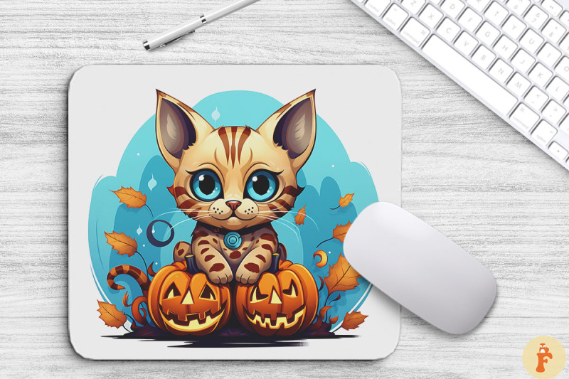 kawaii-halloween-bengal-cat-and-pumpkins