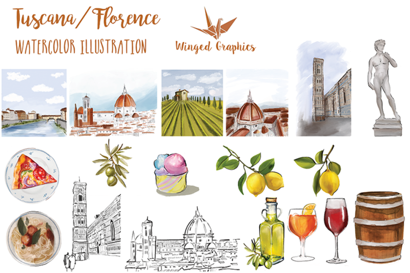 italy-tuscany-florence-set-of-19-individual-watercolor-illustration