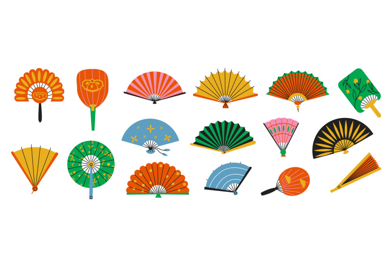 flat-asian-fans-folded-oriental-bamboo-paper-fans-open-chinese-japan