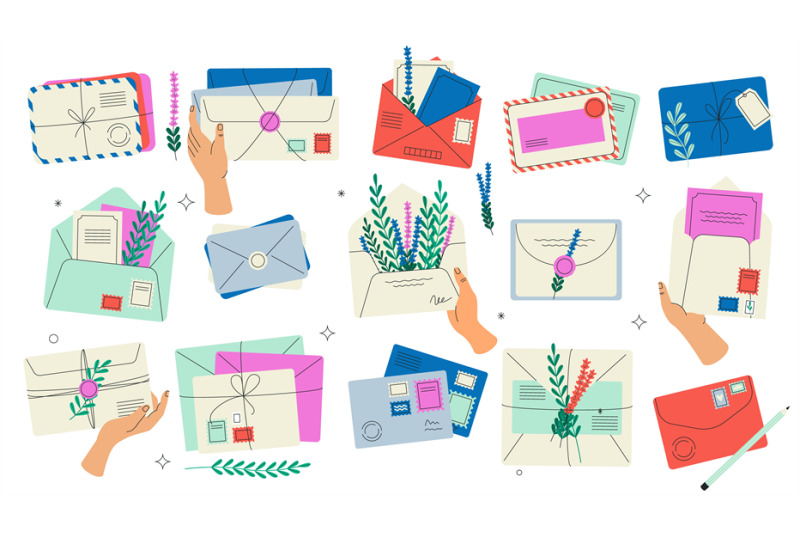 cartoon-mail-envelopes-handwritten-letters-with-stamps-and-postmarks